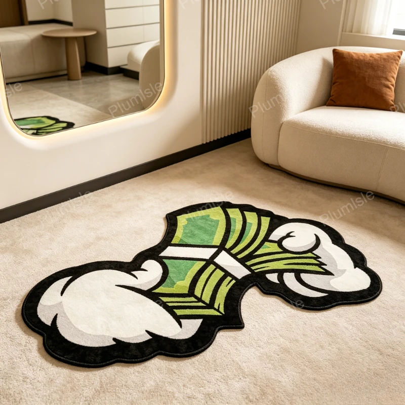 VIKAMA Cartoon Hand Holding Money Shaped Rug Hip Hop Street Style Non Slip 2D Print Bathroom Entrance Funny Decor Doormat
