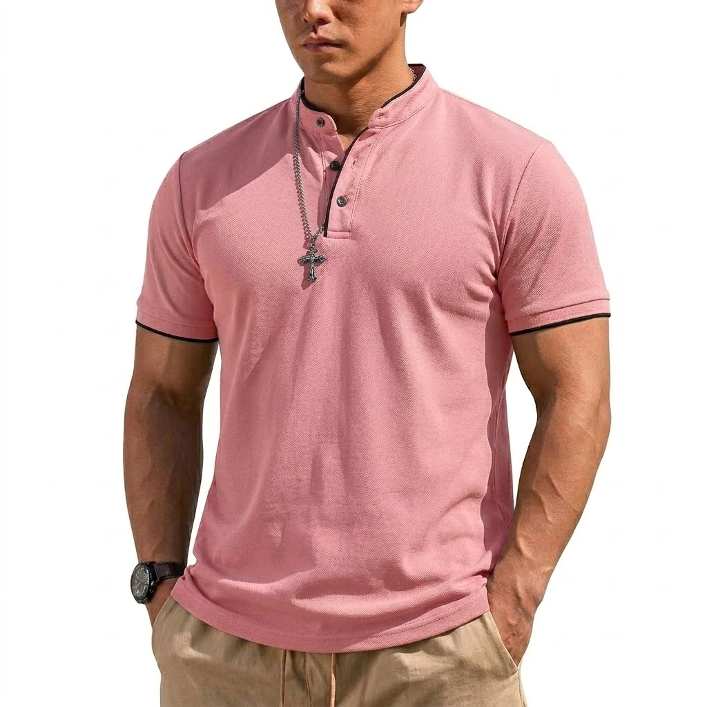 Summer Short Sleeve Henley Shirt Men Button Polo Shirts Classic Collarless T-Shirts for Men Luxury Breathable Hiking T-shirt Gym view 4