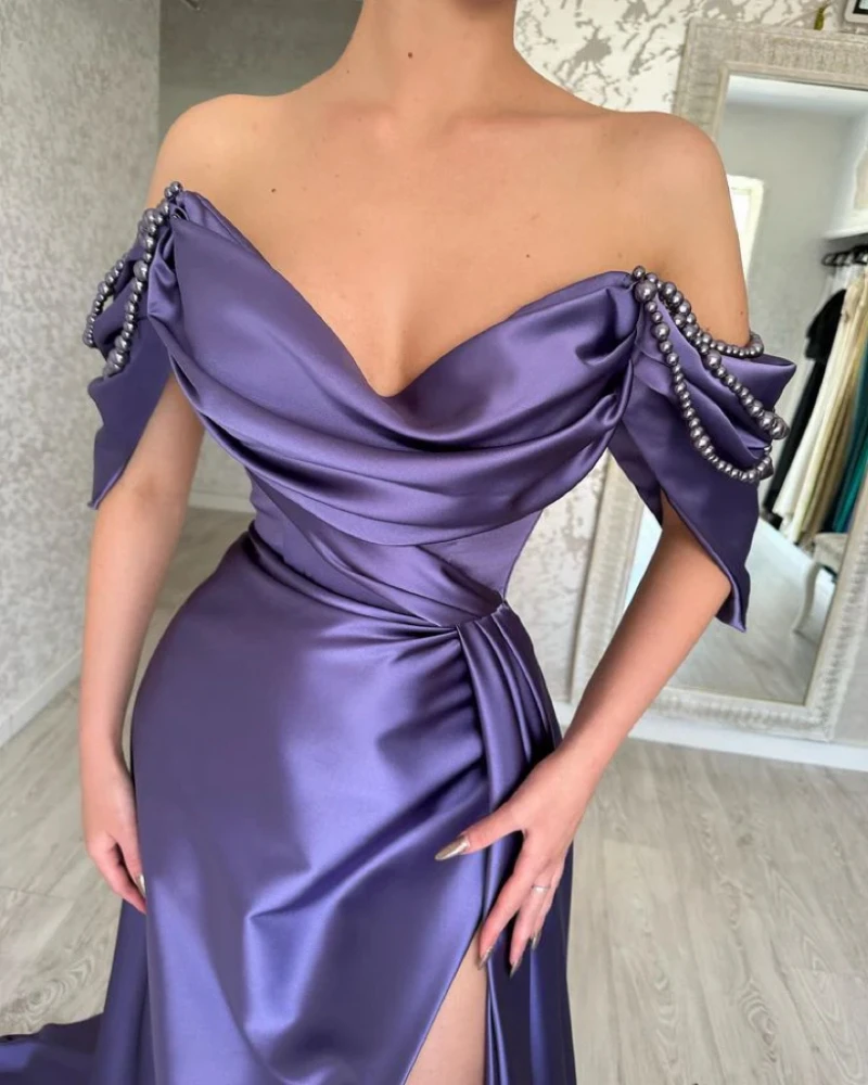 Luxe Paarse Avondjurken 2024 Elegante Vrouwen Aangepaste Uit De Schouder Satijnen Lange Bruiloft Jurk Sexy Split Prom Gown