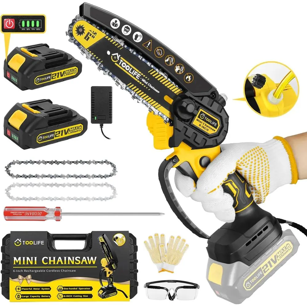 

Mini Chainsaw Cordless 6 Inch, Handhled Chainsaw with 2 Batteries & Auto Oiling System, Electric Chainsaw for Tree/Wood Cutting,