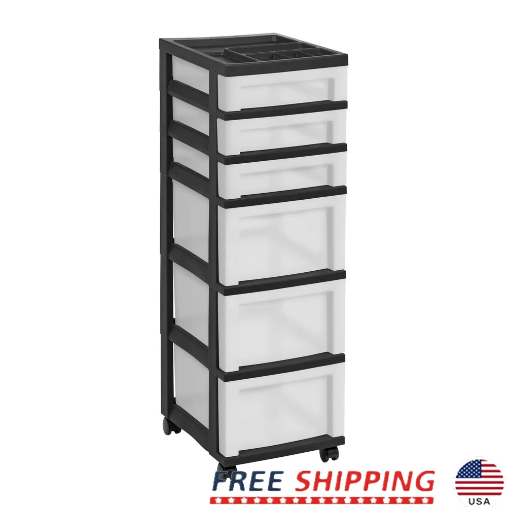 

6-Drawer Rolling Plastic Storage Cart with Organizer Top Mobile Craft Organizer Clear Black Ideal Office and Home Use