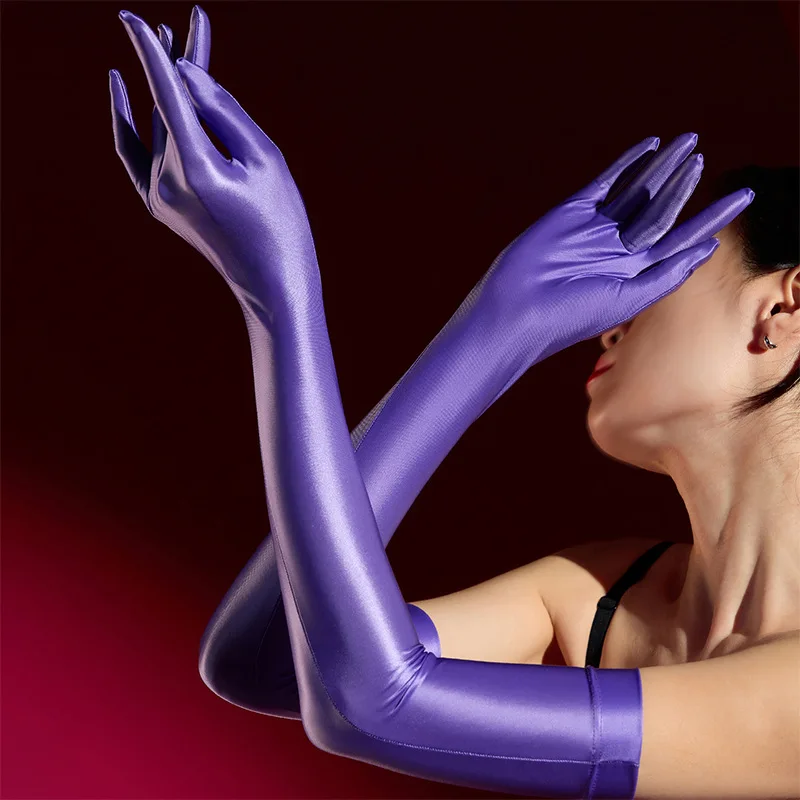 1 Pair 43cm Solid High Density Luxury Women Smooth Five Finger Long Gloves Elastic Sun Protection Mittens Night Club Cosplay