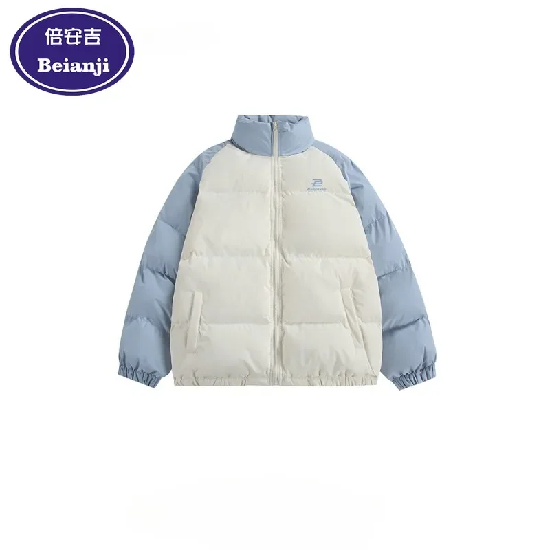 

American shoulder patchwork color cotton-padded men's winter new loose thick bread coat couple cotton-padded coat