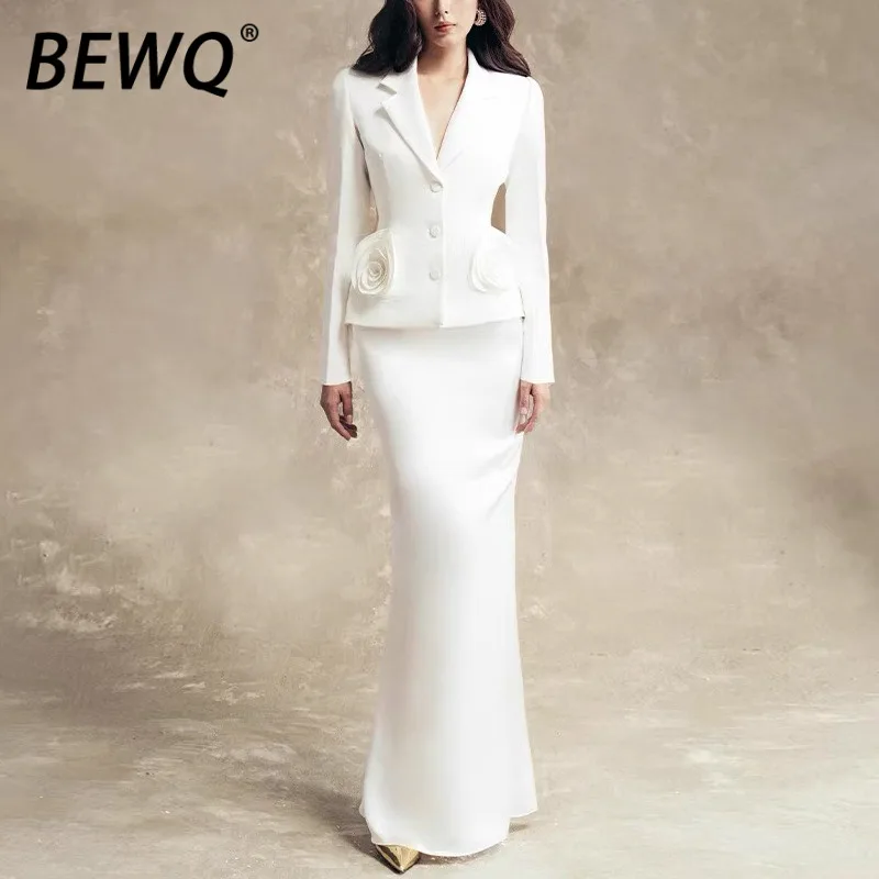 

Модный женский костюм BEWQ из 2 предметов: пиджак с отложным воротником и 3D-цветами, приталенная юбка с завышенной талией. Новинка Весна 2026 для вечеринок.