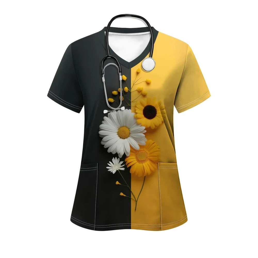 

Clinical Uniform Woman Floral Print Fashion V-Neck Short Sleeve with Pockets Nurse Tops Summer Healthcare Scrubs Uniform Woman
