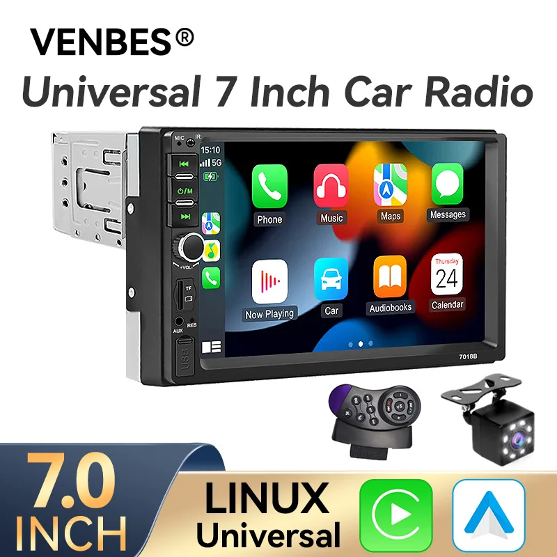 VENBES 7-Zoll-Autoradio Single Din Carplay Android Auto, MirrorLink, universell, einfach zu installieren ​ ​ Touchscreen Bluetooth USB/TF/FM/AUX