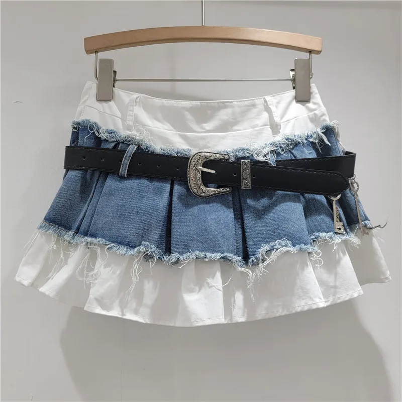 Fashion Women's Skirt Versatile Irregular American Design Pleated Spice Girl Short Skirt Niche Splicing Denim Mini Skirt