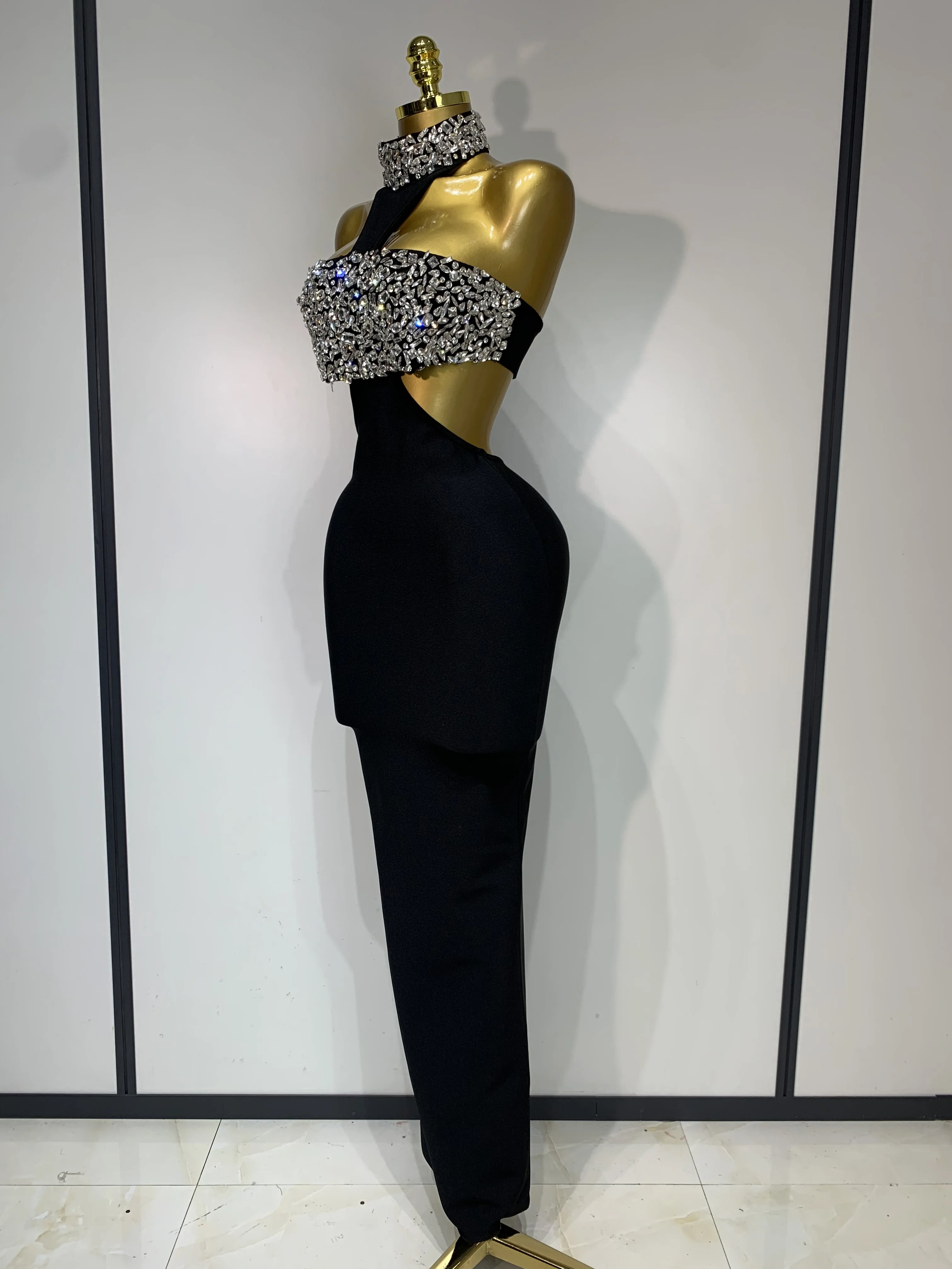 المرأة مثير عارية الذراعين سباركلي كريستال الماس الأسود Bodycon ضمادة فستان المشاهير أنيقة مساء نادي فساتين حفلة عيد ميلاد #2