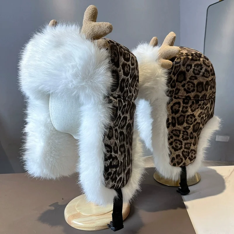 Deer Antler Leopard-Print Pilot Cotton Beanie: Winter Ear-Warming Hat for Outdoor Cycling and Snow Mountain Hiking