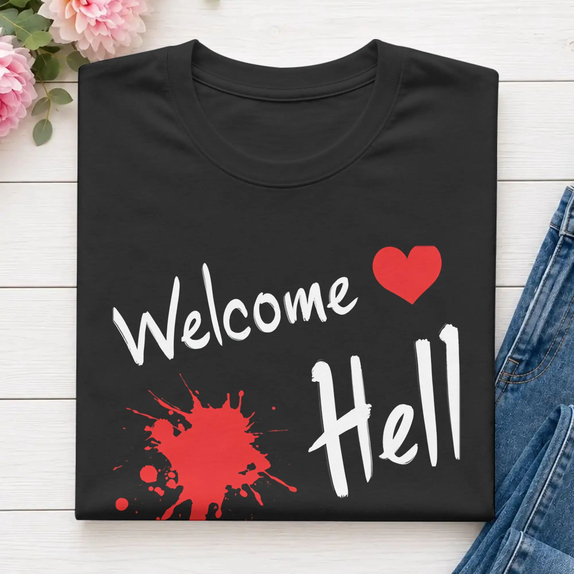 Touhou Project  Welcome Hell  Men's T Shirt  Vintage Tees Short Sleeve Round Neck T-Shirts 100% Cotton Gift Idea Clothes