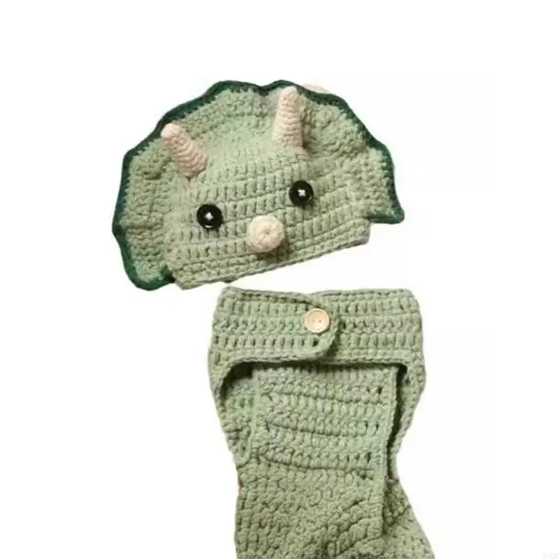 Y1QF Cartoon Dinosaur Knitting Butt Wrapped Garment Newborns Photo Props for Baby Boy