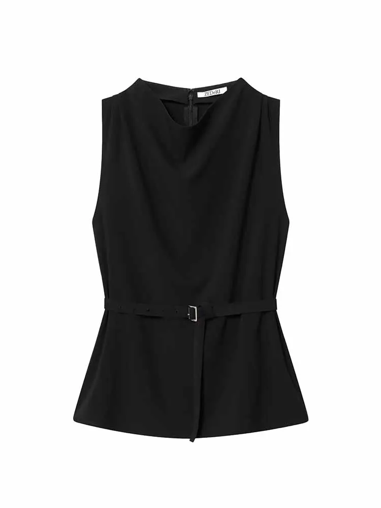 

HH Woman Spring Fashion Sleeveless Comfortable Belt Decoration Tighten The Waist Solid Color Tops Female Casual Commuting Tops