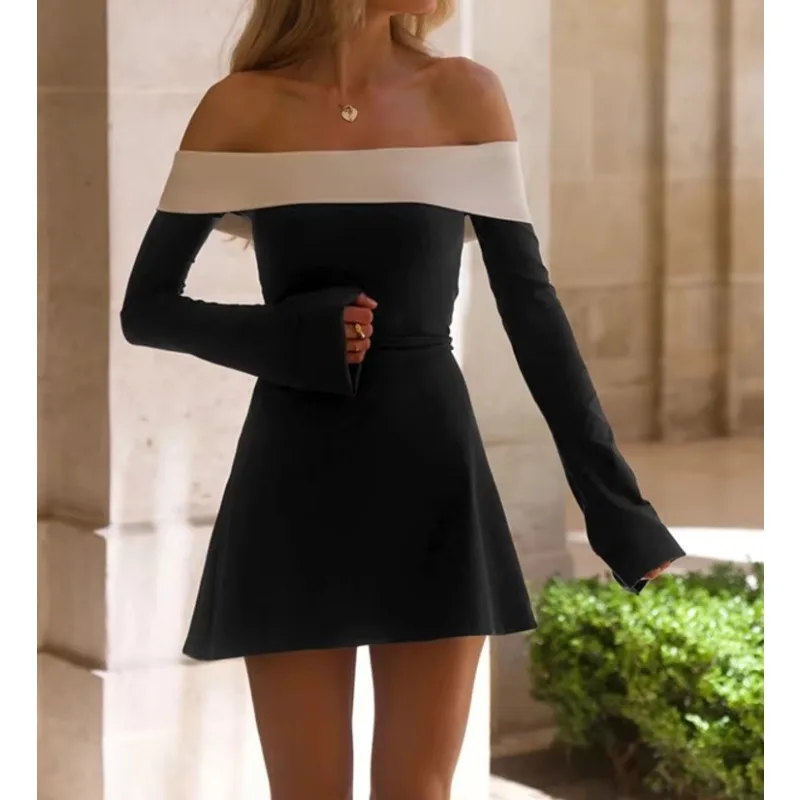Off-shoulder Long Sleeve Short  Dress for Women Autumn Winter New Patchwork Strapless Backless A-line Sexy Dress Elegant