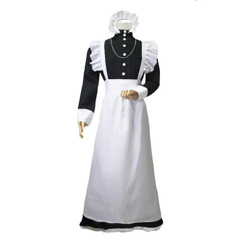 

Women Men Maid Cosplay Sexy Costume Long Sleeves Front Button Down Long Maxi Fancy Dress with Apron and Headpiece Maid Costume