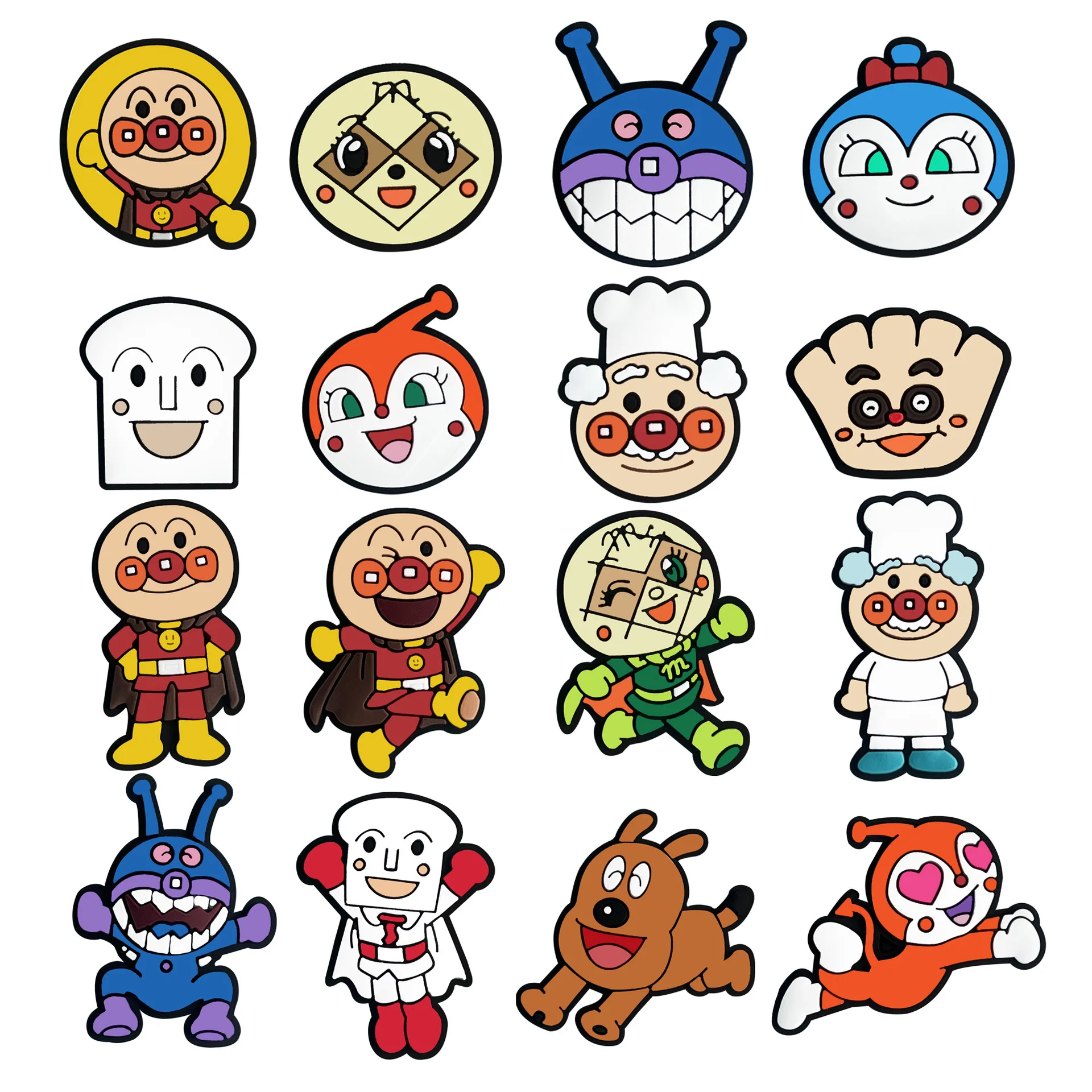 16Pcs Anpanman Cartoon PVC Shoe Charms Waterproof Detachable Garden Hole Shoe Decor Cute Anime Character DIY Shoe Accessories