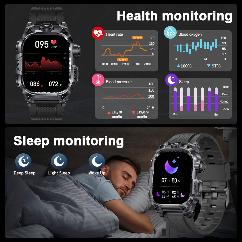 LIGE ساعة ذكية للرجال ، لمسة كاملة ، الرياضة في الهواء الطلق ، ضغط الدم ، الأكسجين ، اللياقة البدنية ، 5ATM للماء ، ساعة ذكية عسكرية