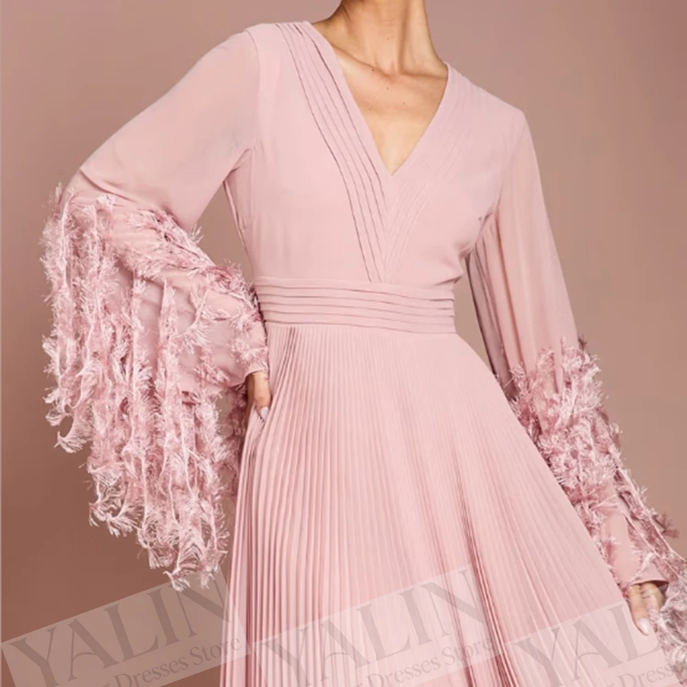 Women's A-line Evening Dresses Ankle-length V-neck Full Sleeve Prom Dresses Fashion Ruched Simple Draped Casual Customized Gowns