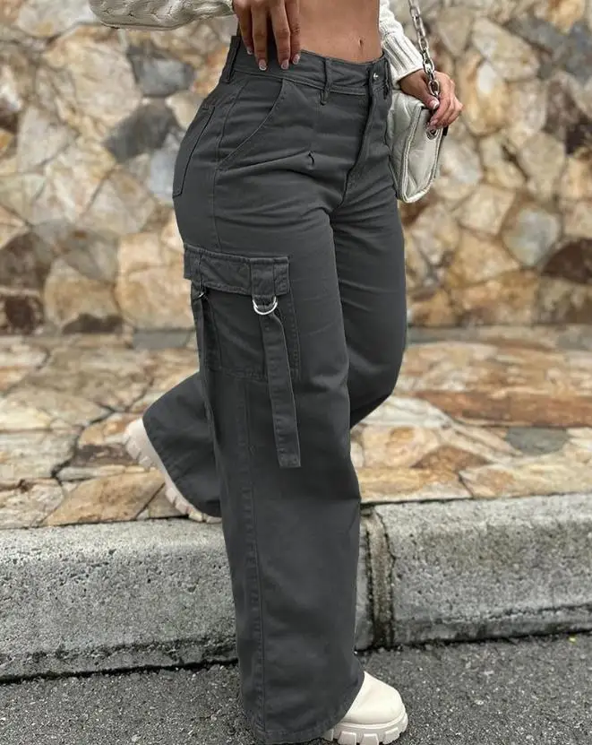 Fashion Personality Street Women's Overalls Straight-Leg Pants Pocket Design High Waist Cargo Pants Daily Casual Trousers