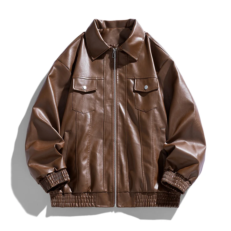 2029  Leather Jacket Spring Autumn New Men High Quality Solid Color Fashion Long Sleeve Faux Leather Jacket Coats