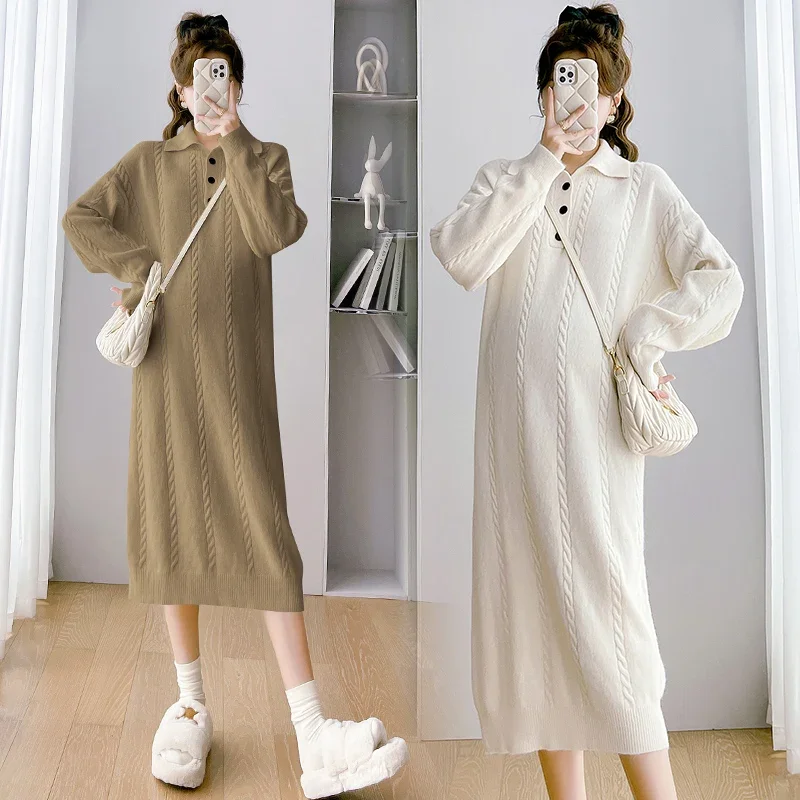 

Korean Style Autumn Maternity Dress Button Fly Turn-down Collar Long Sleeve Pregnant Woman Knitting Dress Pregnancy Long Sweater