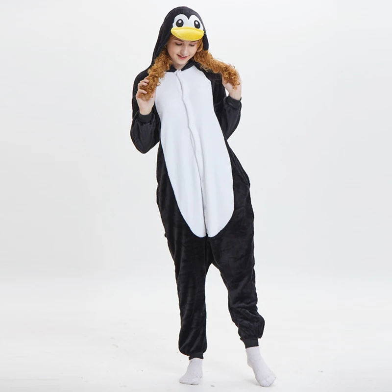 Dieren Zwarte Pinguïn Cosplay Kostuum Flanellen Capuchon Een Stuk Pyjama Kerst Anime Volwassen Kigurumi Vrouwen Mannen Onesie Pyjama