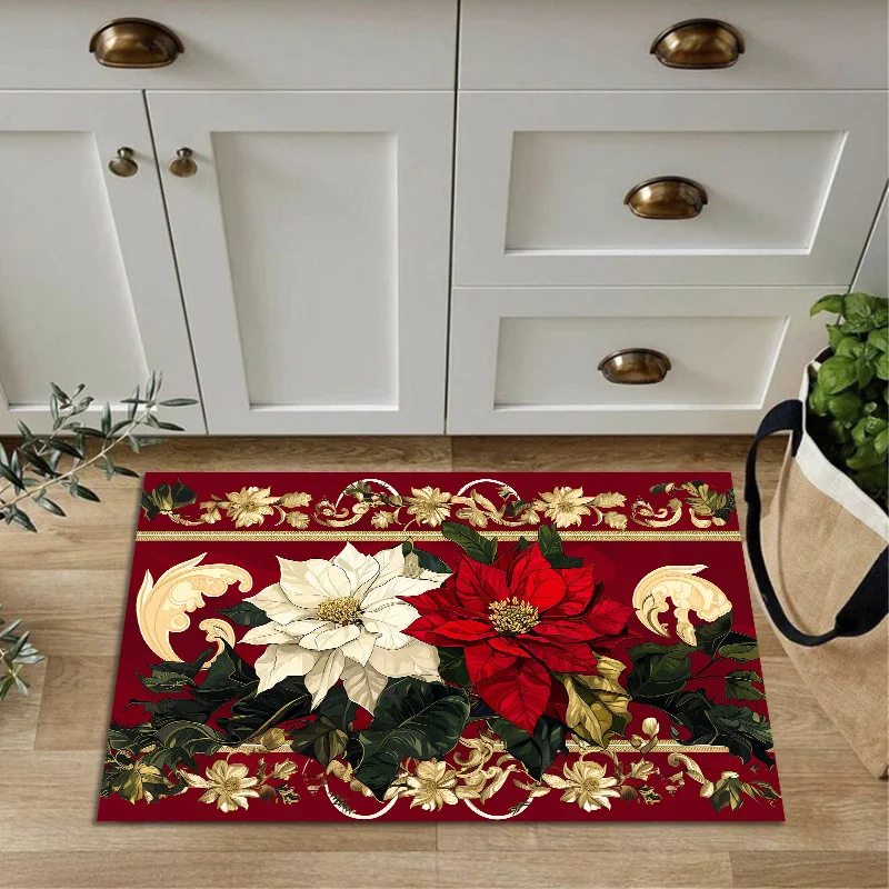 Christmas Poinsettia Floral Kitchen Mat Decor Non-Slip Laundry Room Mats Hallway Balcony Rugs Bedroom Mat Christmas Decorations