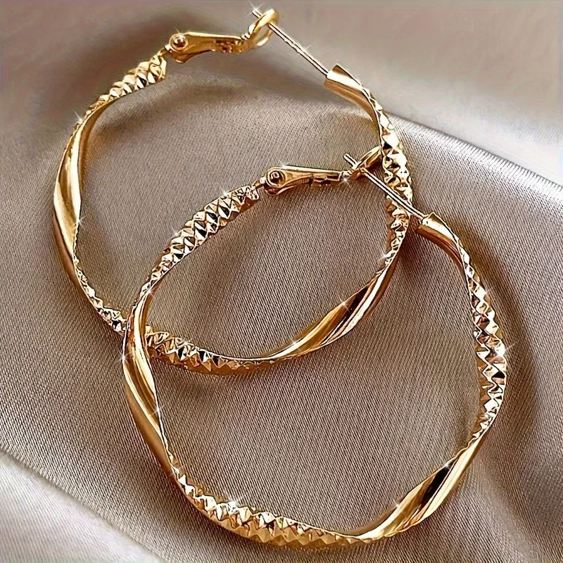 Golden Twisted Hoop Earrings for Women - Elegant Textured Design with Sparkling Accents, Zinc Alloy & Stainless Steel Ear Posts, Perfect for Casual Wear or Parties, Unique and Stylish Jewelry, Novelty Earrings