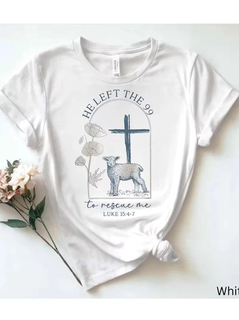 He Left The 99 To Rescue Me Religious T-Shirt, Christian Bible Verse Luke 15:4-7 Sheep Cross Graphic Tee, Short Sleeve Top Women