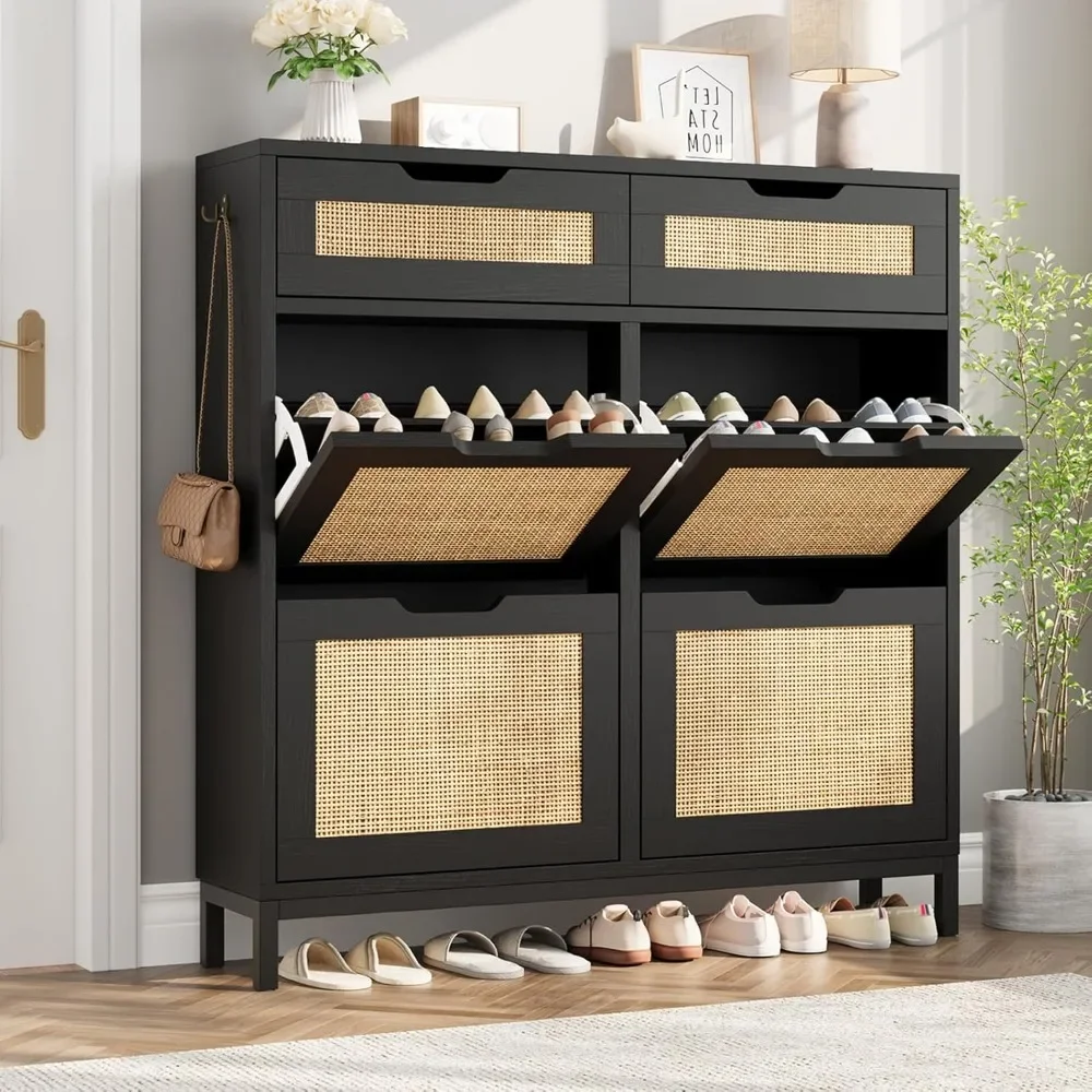 Rattan Shoe Cabinet Storage for Entryway Hidden Shoes Storage Cabinet Black Narrow Shoe Organizer Cabinet with 4 Flip Drawers