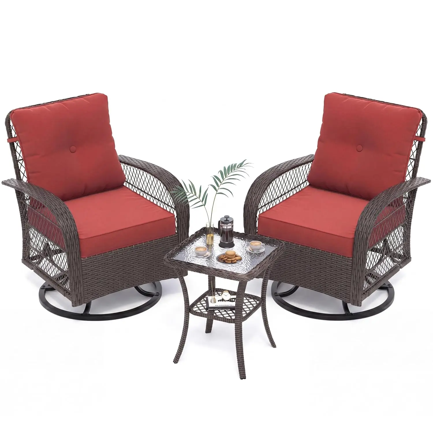 

3pc Patio Set Swivel Rocker PE Wicker Cushioned Chairs Glass Table Porch Deck Backyard, Customized