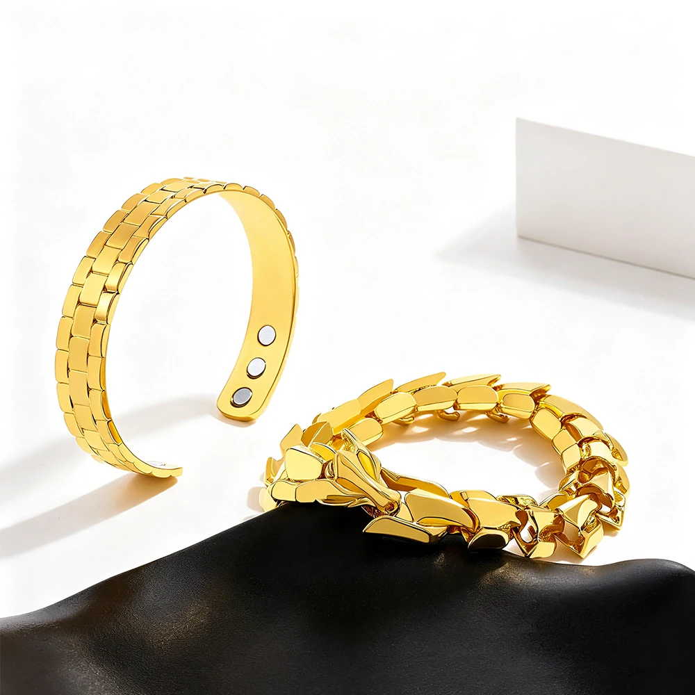 2Pcs Gold Magnetic Therapy Bracelet Set, Geometric Link Cuff & Chunky Chain Wristband, Pain Relief Health Jewelry for Men Women