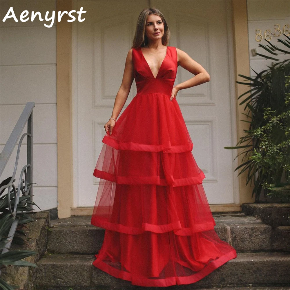 Aenyrst-Robe de soirée en tulle à plusieurs niveaux avec col en V profond, robe de Rhélégante, longueur au sol, bretelles spaghetti, rouge, fête de Noël