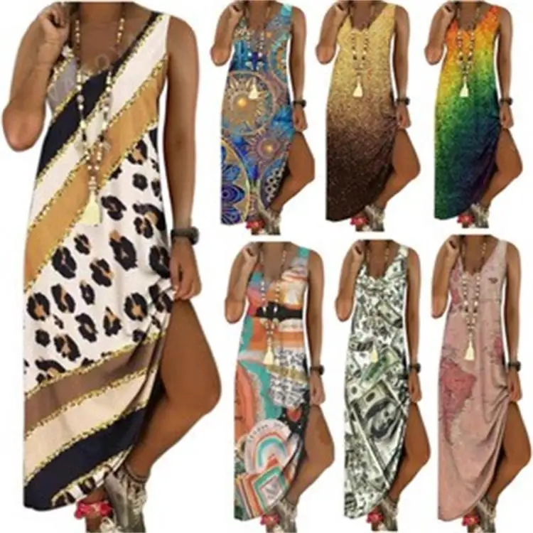 

2024 New European and American V-neck Gradient Tie Dye Printed Sleeveless Women's Long Dress