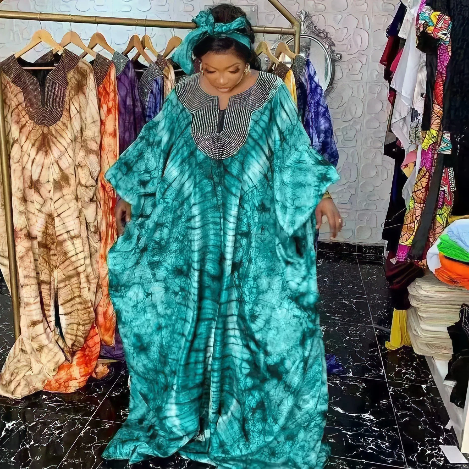 

New Ramadan Muslim Saudi Arabia Middle East sequin printed loose robe with headscarf, African ethnic style robe, Dubai dress
