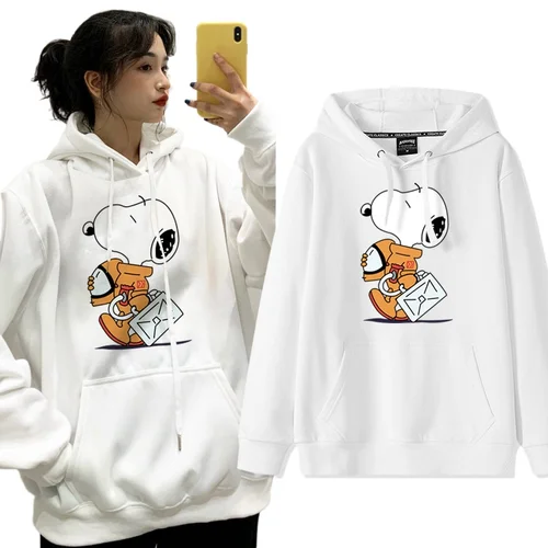 Nuevo jersey con estampado de Snoopy de dibujos animados con capucha de corazón para mujer, abrigo holgado de dibujos animados, Sudadera con capucha para pareja, moda informal versátil