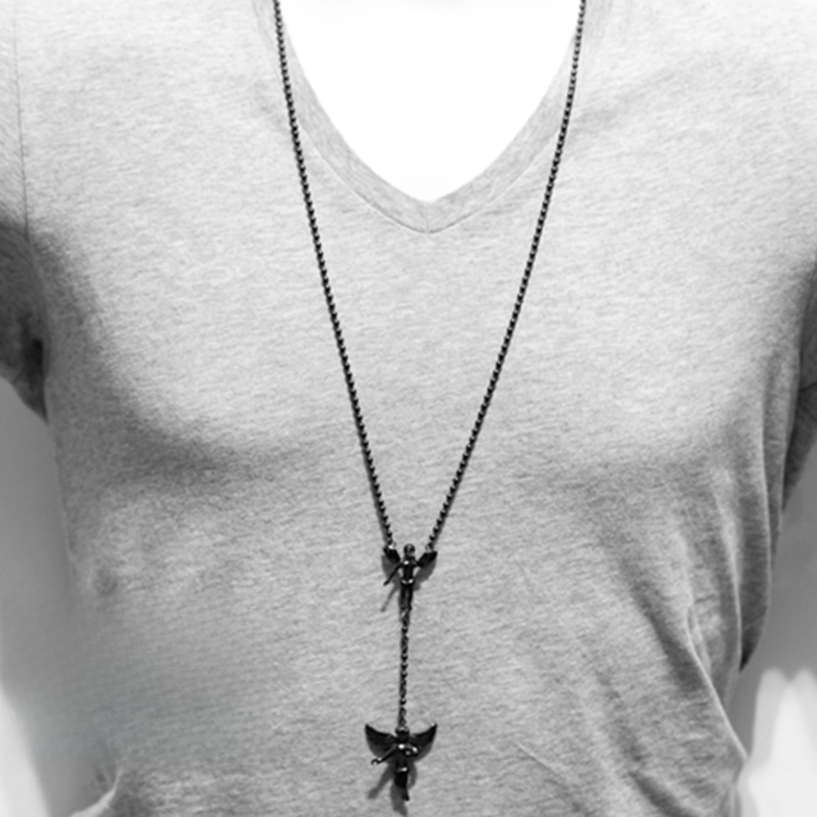 Stainless Steel Black Little Angel Rosary Chain Necklace 31