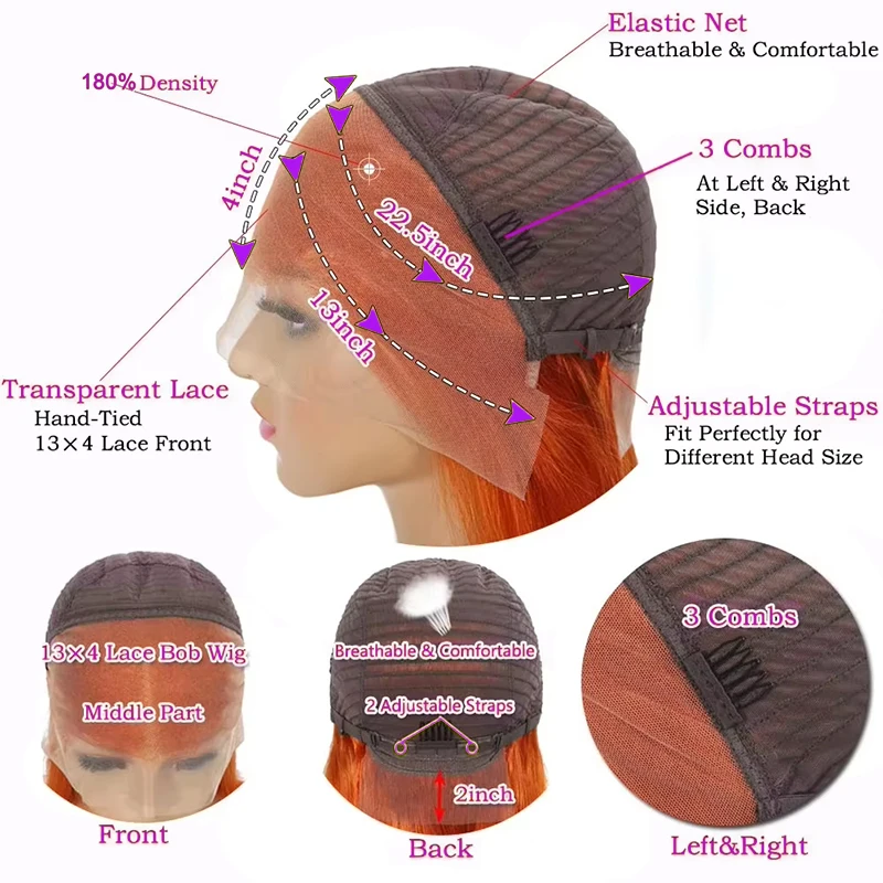 Parrucca per capelli umani Bob anteriore in pizzo 13X4 arancione zenzero pre pizzicato capelli brasiliani parrucche anteriori in pizzo trasparente capelli umani # 350