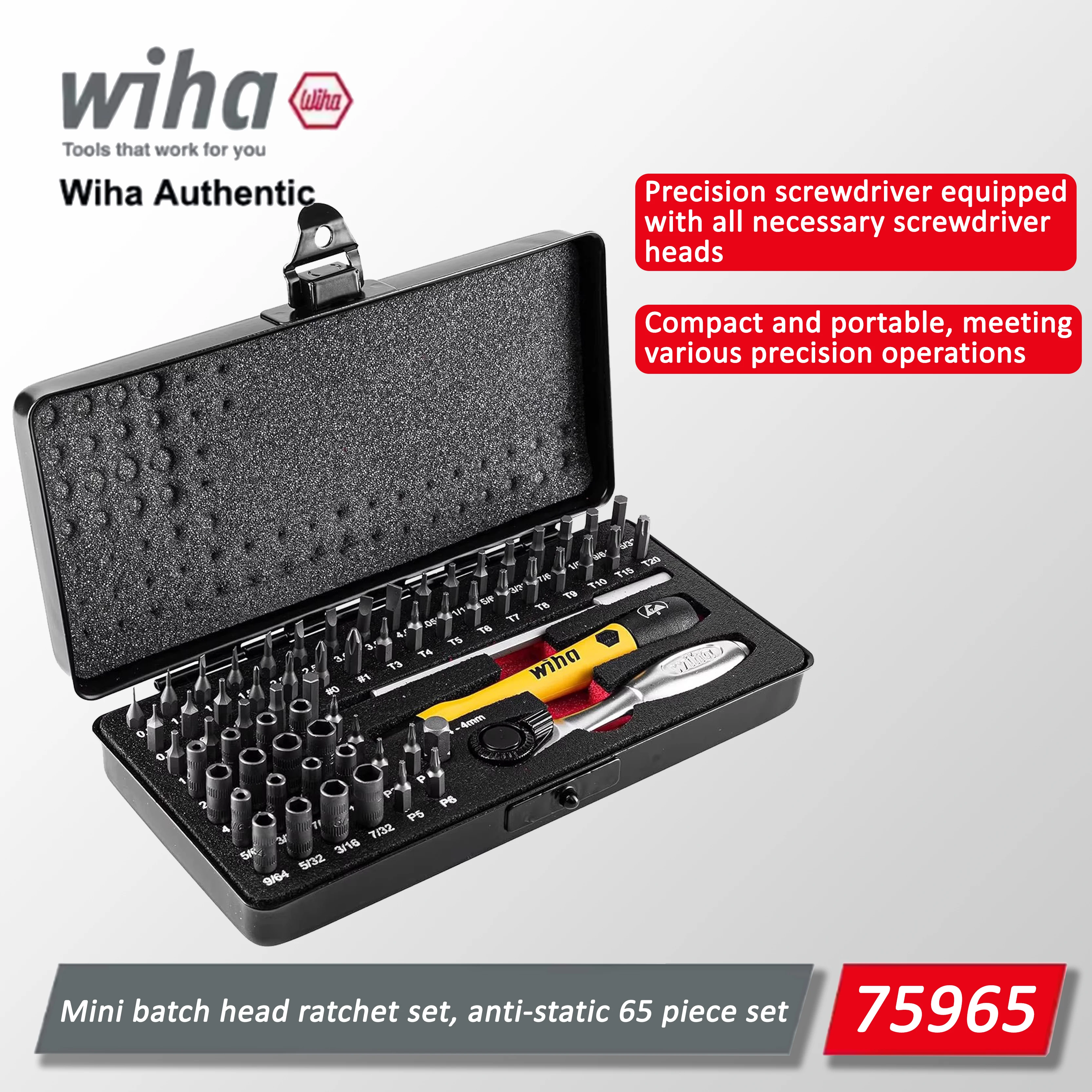 Juego de destornilladores de precisión Wiha de 65 piezas ESD, herramienta antiestática para mantenimiento de teléfonos móviles, conjunto de cabezales de trinquete 75965