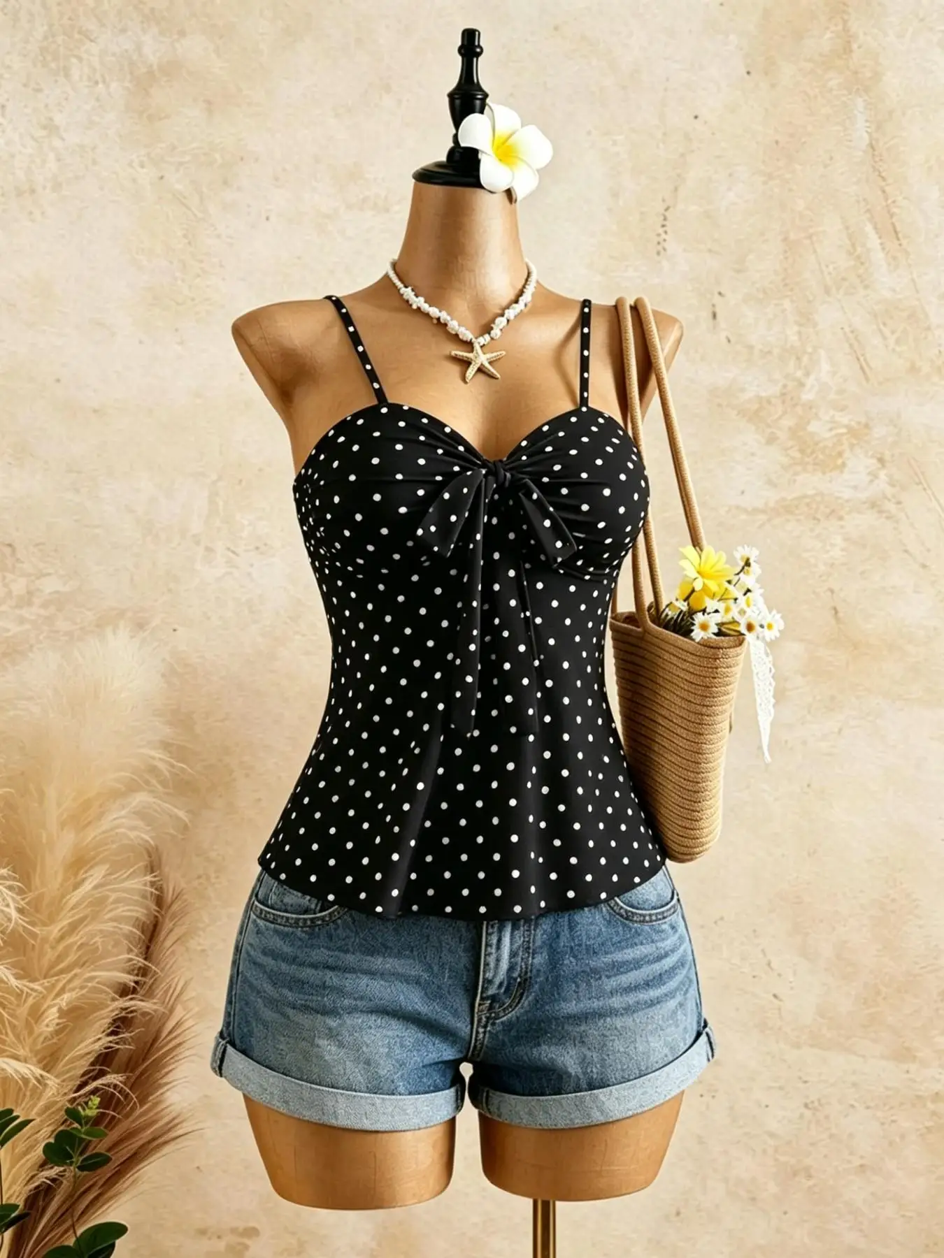 Damen Cami-Top mit Spaghettiträgern, Herzausschnitt, vorne gebundenem Twist und ausgestelltem Peplum, Sommer 2026, einfarbig Weiß, lässig, Urlaub, schmale Passform – Detail 1