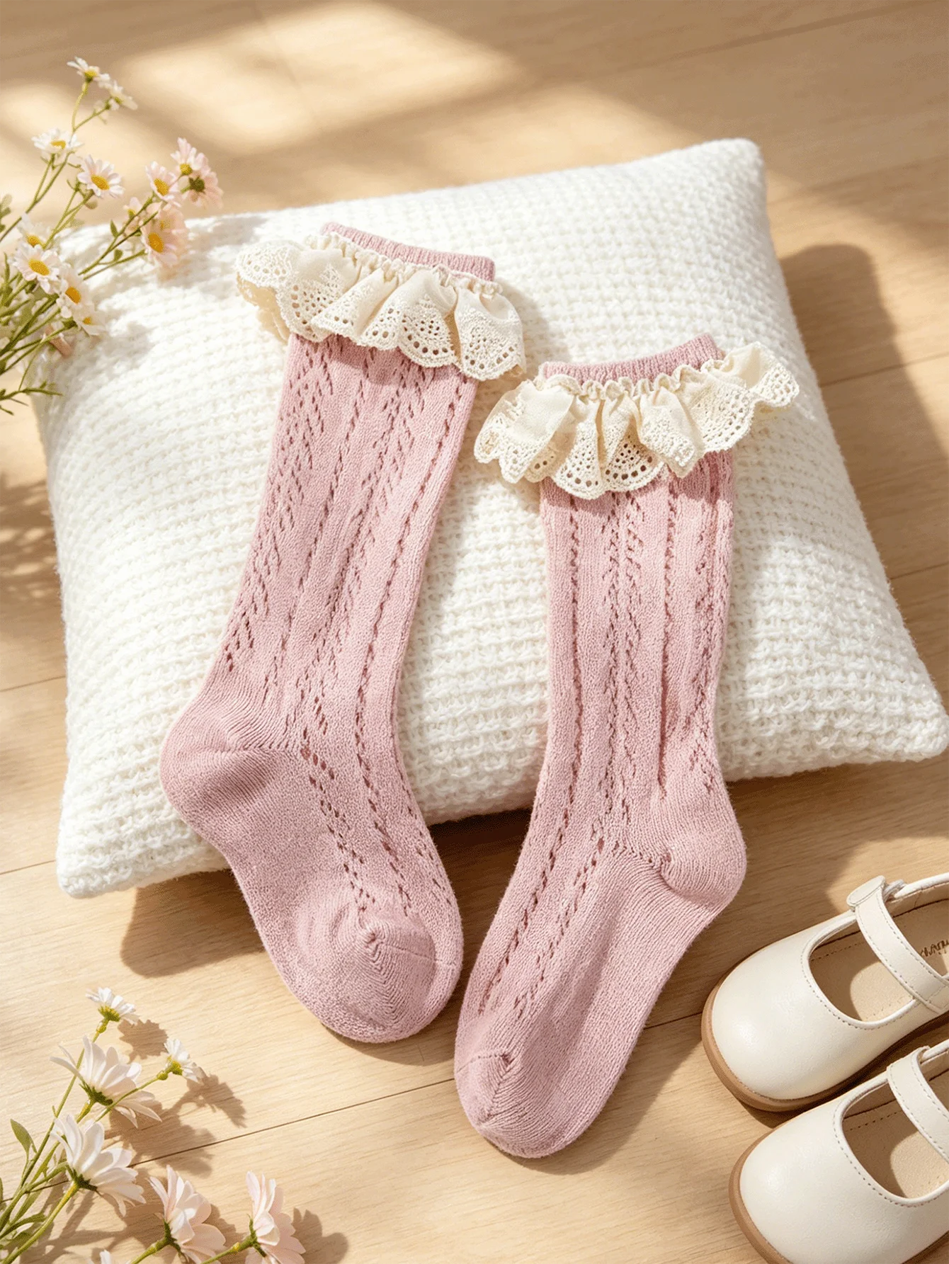 3 Pairs of Girls' Lace Ruffle Knee High Socks Summer Mesh Breathable Princess Toddlers Meias Infantis Cotton Blend Slouchy Socks