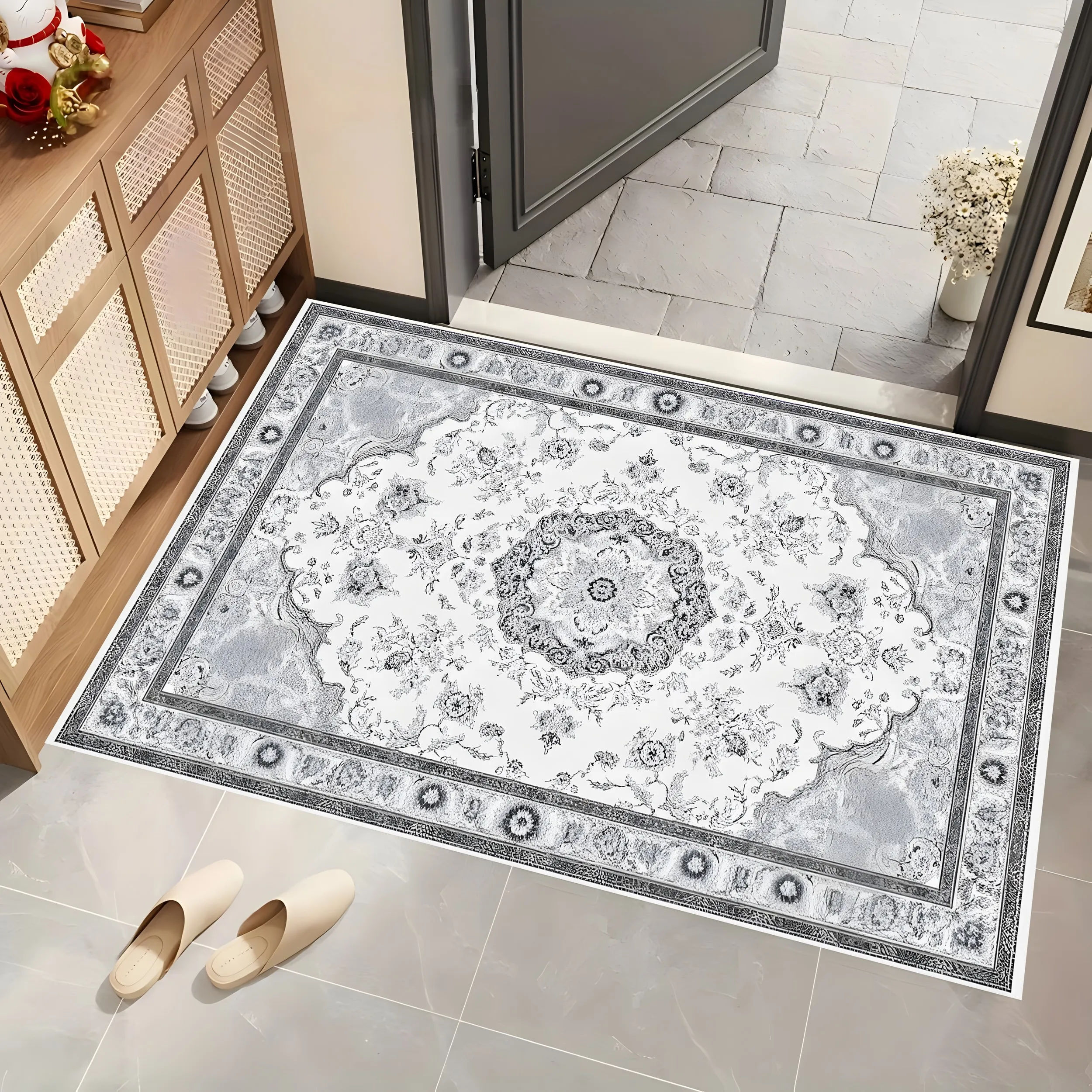 2D Large Carpet Light Gray European Retro Persian Light Luxury Retro for Living Room Bedroom