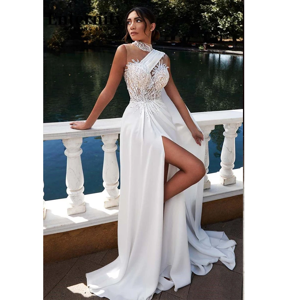 Customized Wedding Dress High Neck Beaded Draped Long Womens Dresses Sleeveless With Slit Wedding Dresses For Woman Vestido