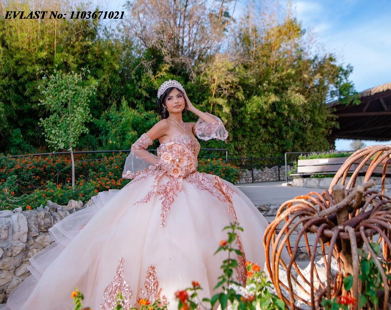 EVLAST-vestido quinceanera rosa mexicano, vestido de baile, brilhante Lace Applique, babados frisados, trem espartilho, doce 16, SQ376