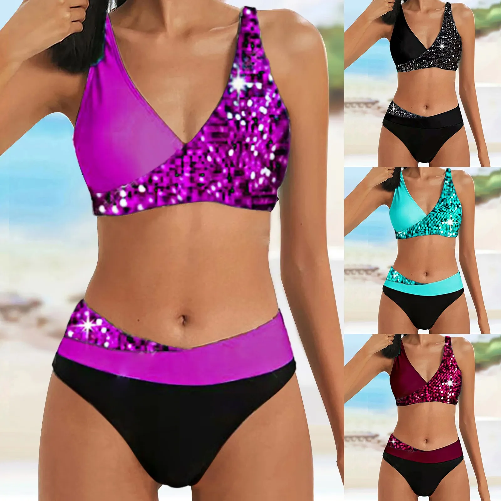 Sequin Glitter Two Piece Bikini Set Sexy High Waist Swimsuit Women Push Up Y2k Split Swimwear Luxury Summer Beach Mujer Tankin