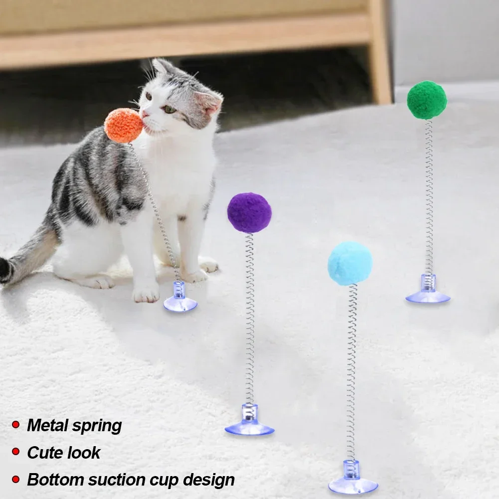

1pc Fur Ball Spring Cat Toy Suction Cup Multicolored Teaser Wand Pet Interactive Toys Cat Scratcher Toys Supplies Random Color