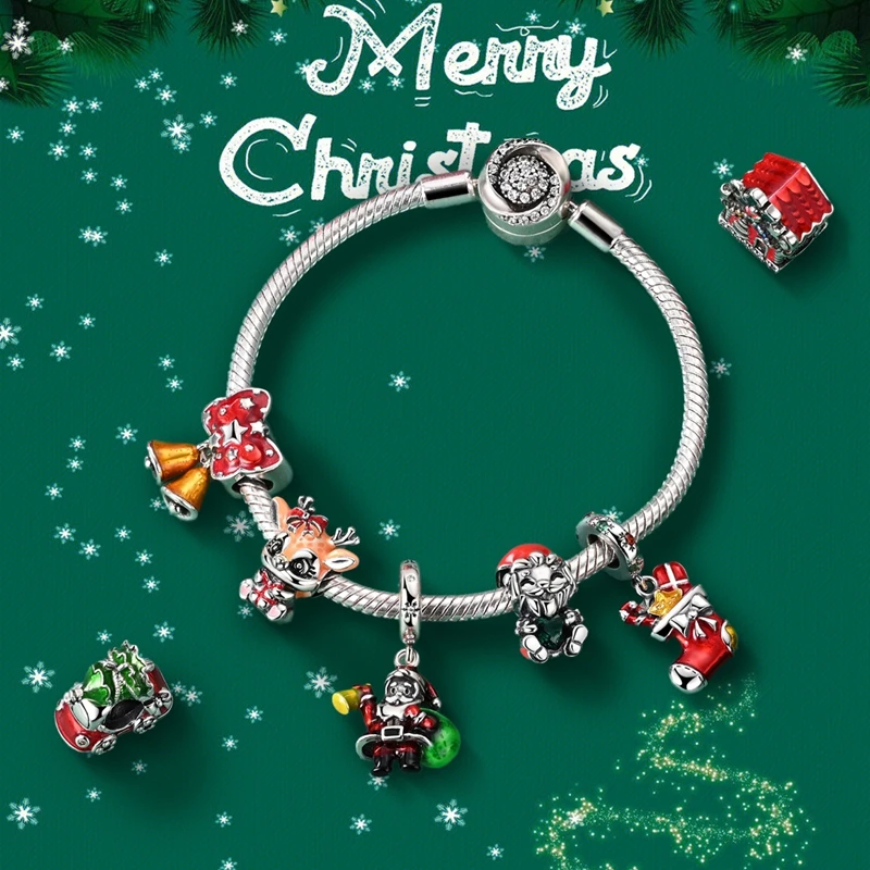 عيد الميلاد 925 فضة سحر سانتا كلوز الرنة شجرة عيد الميلاد ثلج الأيائل حبة صالح الأصلي سوار قلادة مجوهرات