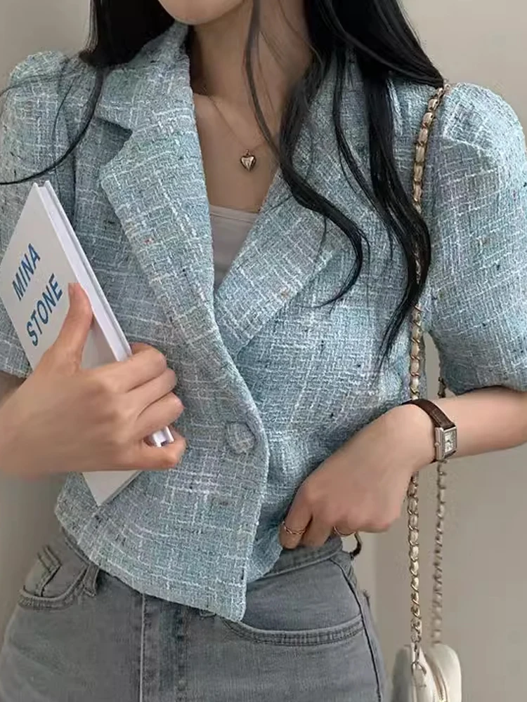 

Новая весенняя женская свободная твидовая куртка с двубортным воротником, винтажная верхняя одежда, топ для поездок на работу, мода
