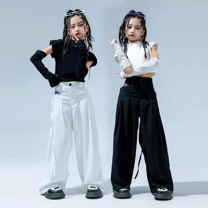 

Kpop Одежда для девочек Хип-хоп Танцевальный костюм Укороченные топы для джазовых танцев Белые черные брюки Костюм для современного танца Групповая одежда