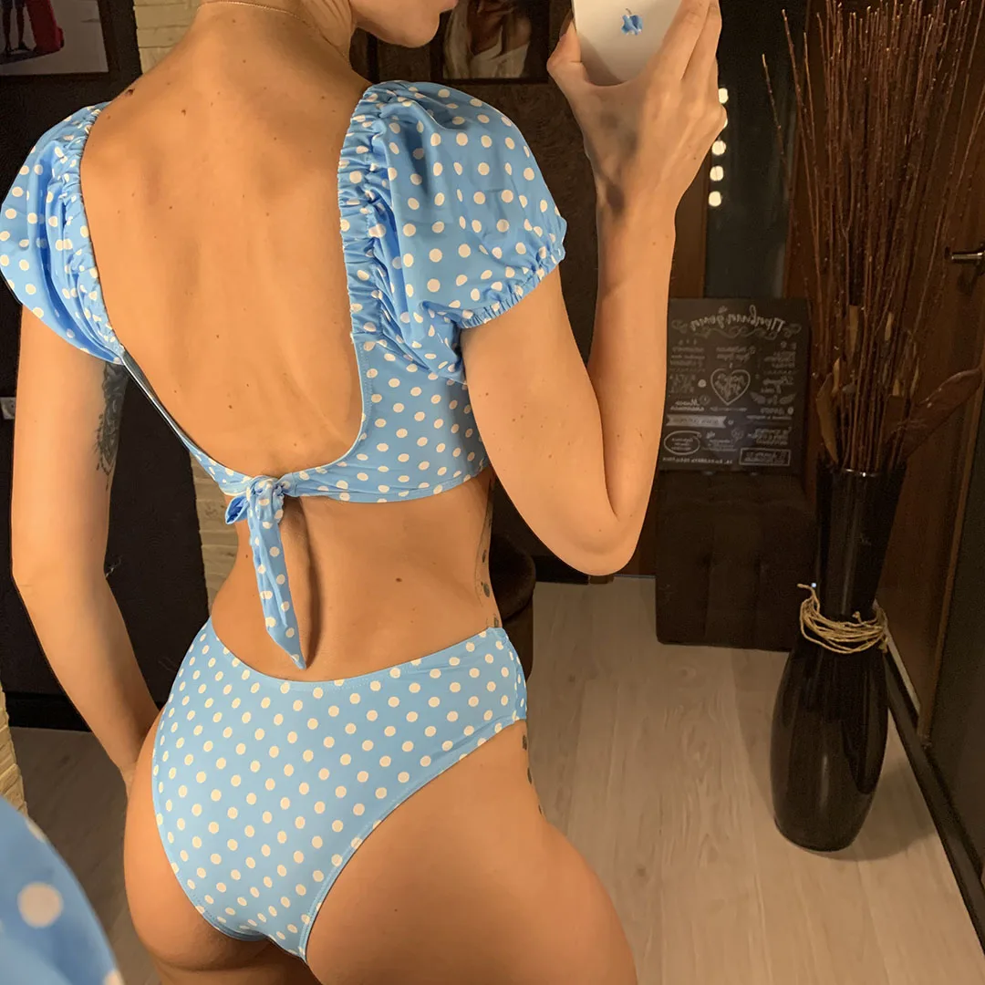 NEU Sexy Polka Dots V-Ausschnitt Bikini mit mittlerer Taille, Damen-Badeanzug, zweiteiliger Bikini-Set, Badebekleidung, Badeanzug, Schwimmanzug V1909 – Detail 9