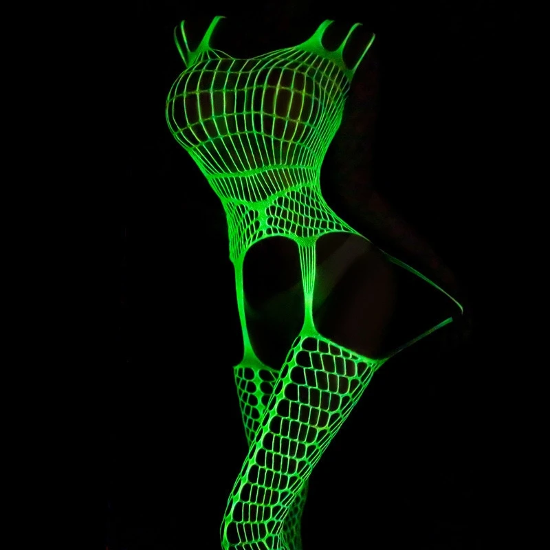 4 Styles Hollow Out Luminous Bodysuits Glow In The Dark Crotchless Tights Plus Size Elastic Mesh Body Stockings Sluty Underwear